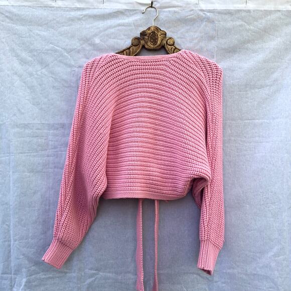 Zara Sweater Chunky Oversized Pink Cardigan V Neck Tie Wrap Crop Blogger Fav S - Picture 2 of 9